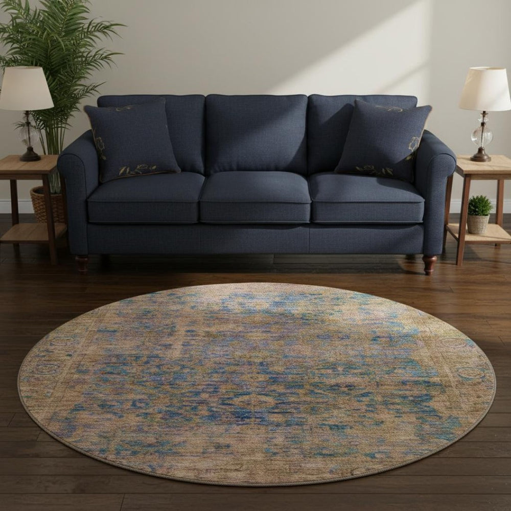 HomeRoots 8' Navy Blue and Gold Oriental Round Rug - Washable, UV-Protected, Stain-Resistant, Non-Slip Comfort 700952