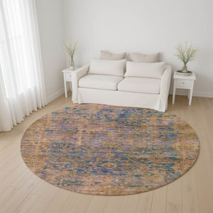 HomeRoots 8' Navy Blue and Gold Oriental Round Rug - Washable, UV-Protected, Stain-Resistant, Non-Slip Comfort 700952