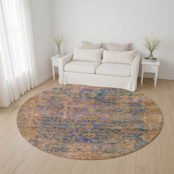 HomeRoots 8' Navy Blue and Gold Oriental Round Rug - Washable, UV-Protected, Stain-Resistant, Non-Slip Comfort 700952