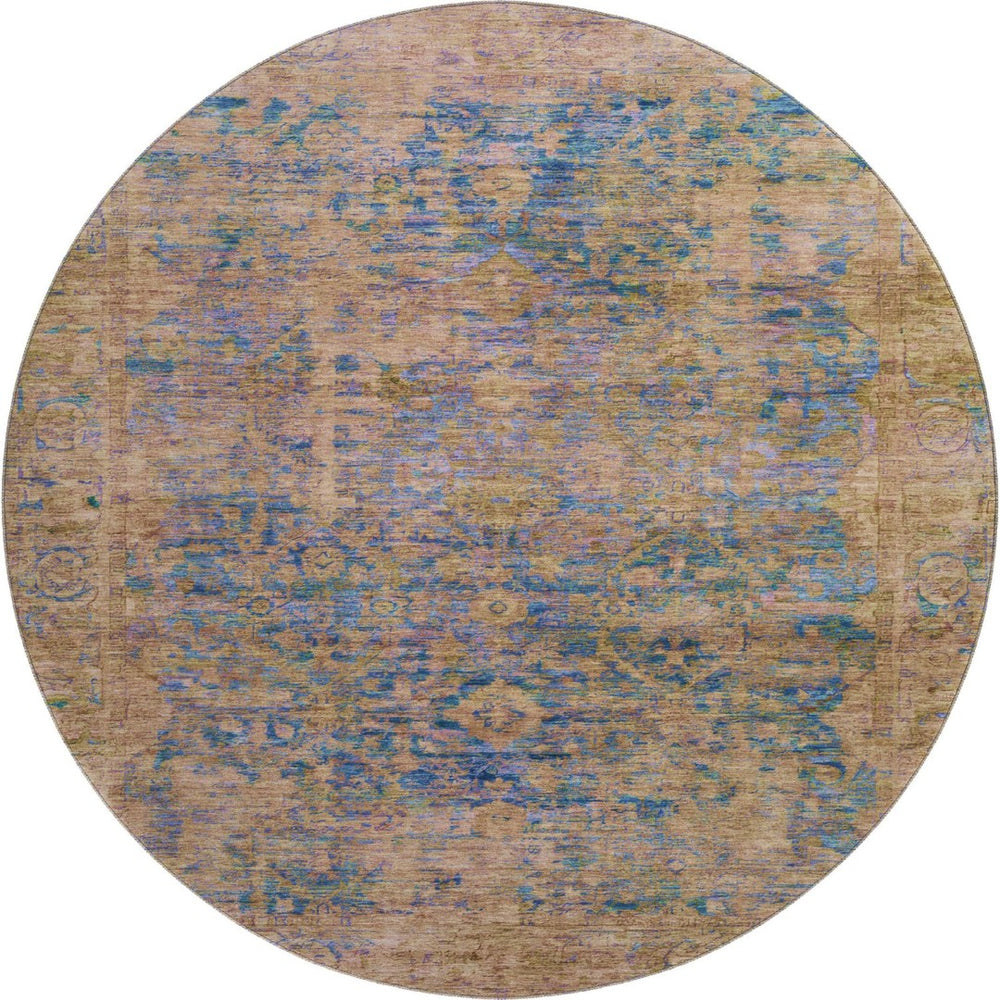 HomeRoots 8' Navy Blue and Gold Oriental Round Rug - Washable, UV-Protected, Stain-Resistant, Non-Slip Comfort 700952