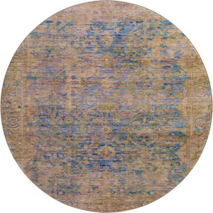HomeRoots 8' Navy Blue and Gold Oriental Round Rug - Washable, UV-Protected, Stain-Resistant, Non-Slip Comfort 700952