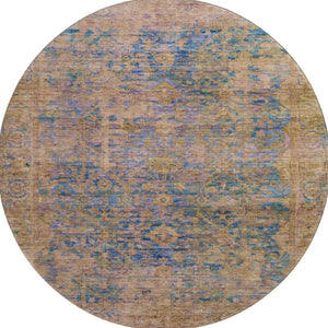 HomeRoots 8' Navy Blue and Gold Oriental Round Rug - Washable, UV-Protected, Stain-Resistant, Non-Slip Comfort 700952