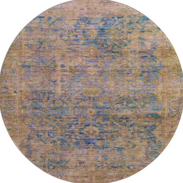 HomeRoots 8' Navy Blue and Gold Oriental Round Rug - Washable, UV-Protected, Stain-Resistant, Non-Slip Comfort 700952