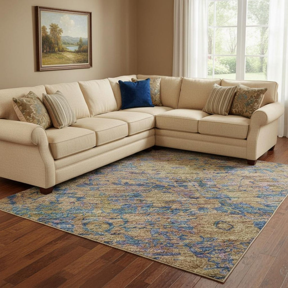 HomeRoots 8' X 10' Navy Blue & Gold Oriental Area Rug - Durable, Stain-Resistant with UV Protection for All Rooms 700953