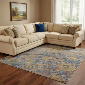 HomeRoots 8' X 10' Navy Blue & Gold Oriental Area Rug - Durable, Stain-Resistant with UV Protection for All Rooms 700953