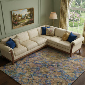 HomeRoots 9' X 12' Navy Blue & Gold Oriental Area Rug - Durable, Washable, Stain-Resistant with UV Protection! 700954