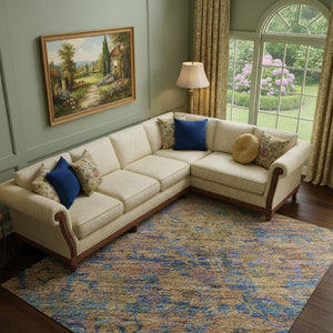HomeRoots 10' X 14' Navy Blue and Gold Oriental Area Rug - Washable, UV-Protected, Stain-Resistant Elegance! 700955