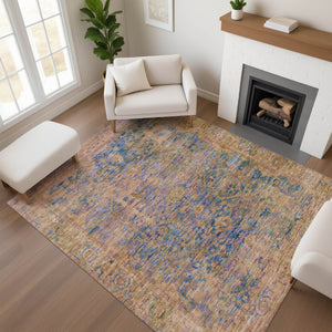 HomeRoots 10' X 14' Navy Blue and Gold Oriental Area Rug - Washable, UV-Protected, Stain-Resistant Elegance! 700955
