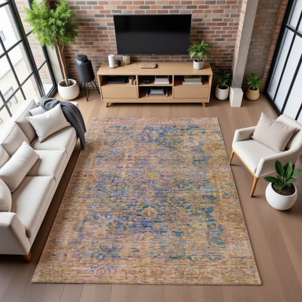 HomeRoots 10' X 14' Navy Blue and Gold Oriental Area Rug - Washable, UV-Protected, Stain-Resistant Elegance! 700955