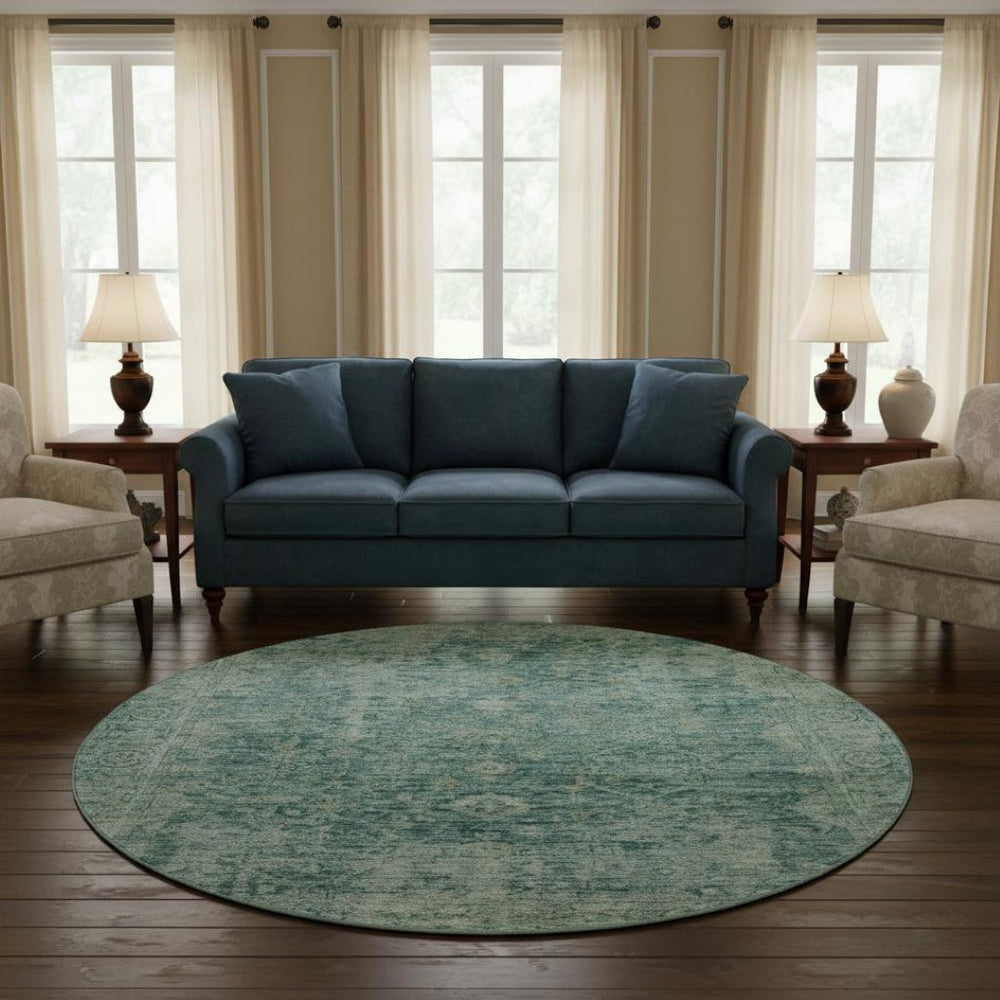HomeRoots 8' Teal And Beige Oriental Washable Round Rug - UV Protected, Stain Resistant for Indoor & Outdoor Use 700958