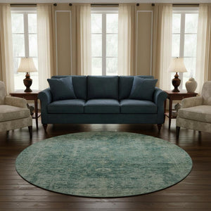 HomeRoots 8' Teal And Beige Oriental Washable Round Rug - UV Protected, Stain Resistant for Indoor & Outdoor Use 700958