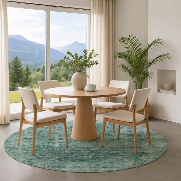 HomeRoots 8' Teal And Beige Oriental Washable Round Rug - UV Protected, Stain Resistant for Indoor & Outdoor Use 700958