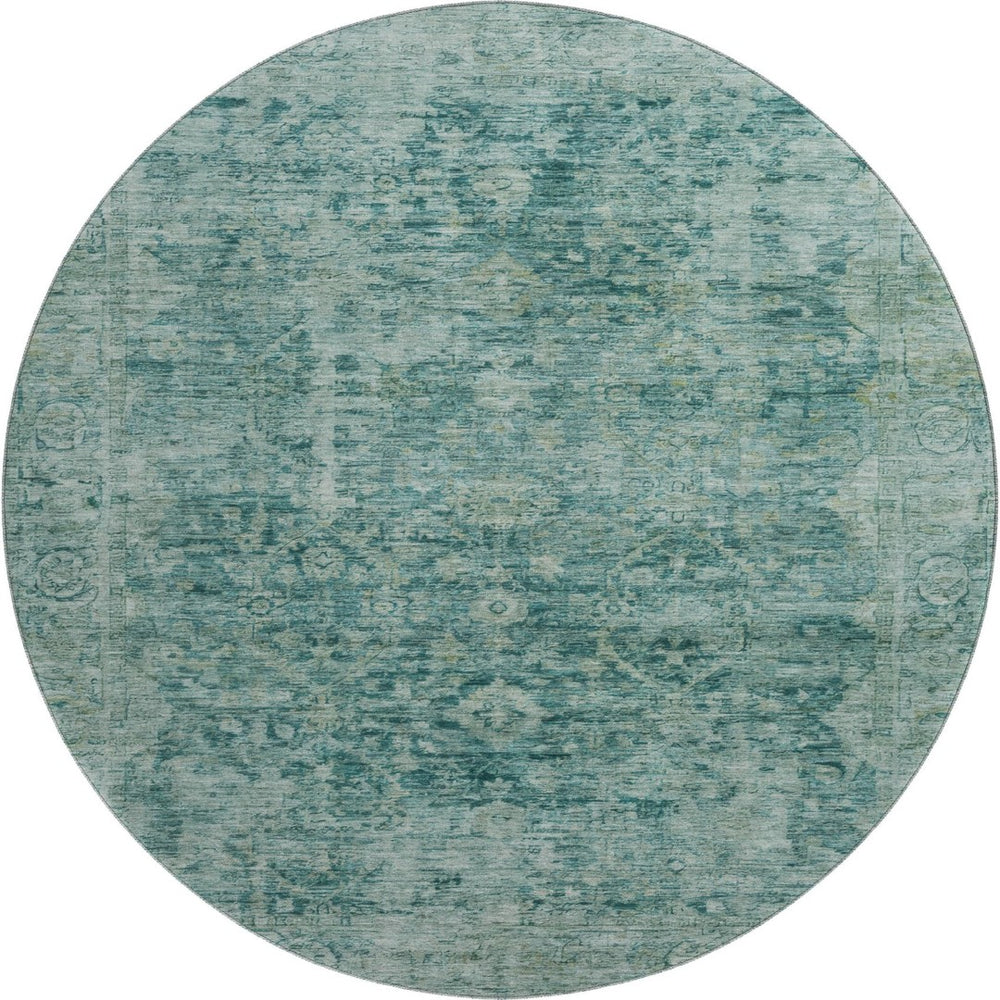 HomeRoots 8' Teal And Beige Oriental Washable Round Rug - UV Protected, Stain Resistant for Indoor & Outdoor Use 700958