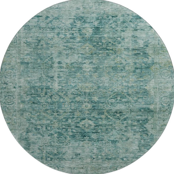 HomeRoots 8' Teal And Beige Oriental Washable Round Rug - UV Protected, Stain Resistant for Indoor & Outdoor Use 700958