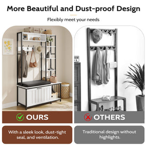 English Elm Hall Tree Entryway Organizer with Cushioned Bench Shoe Cabinet and Coat Hooks White+Black T5618P448216