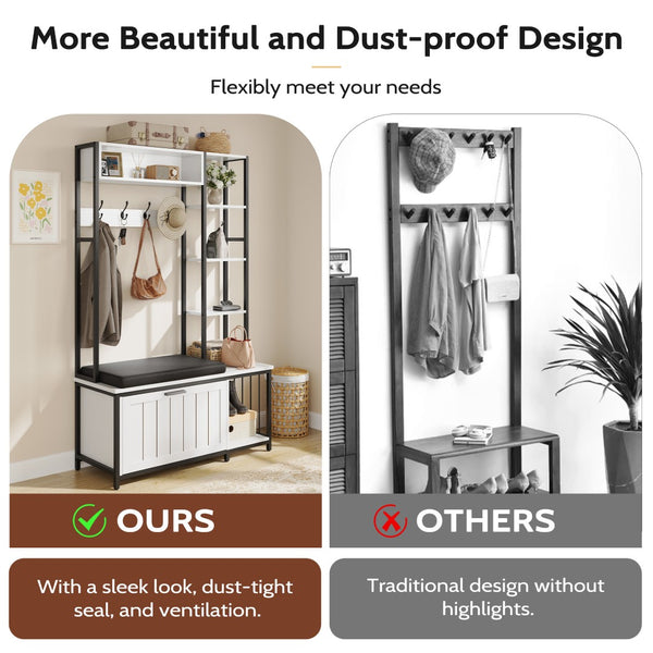 English Elm Hall Tree Entryway Organizer with Cushioned Bench Shoe Cabinet and Coat Hooks White+Black T5618P448216