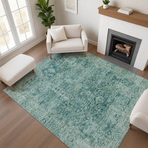 HomeRoots 8' X 10' Teal & Beige Oriental Area Rug - Washable, UV Protected, Stylish & Stain Resistant Design! 700959