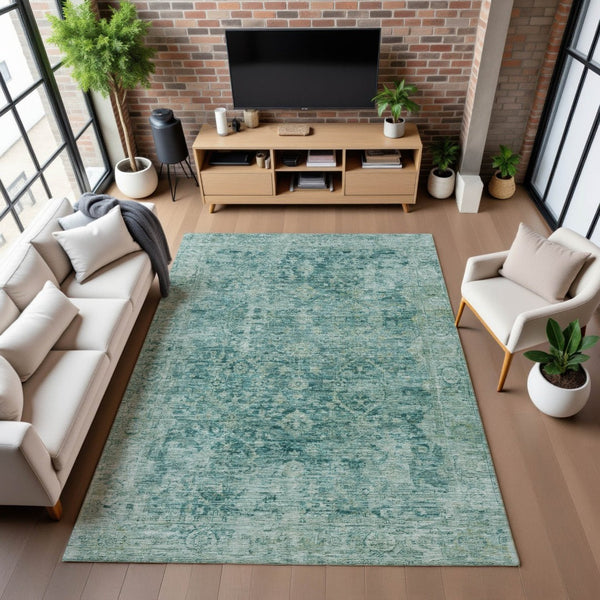 HomeRoots 8' X 10' Teal & Beige Oriental Area Rug - Washable, UV Protected, Stylish & Stain Resistant Design! 700959