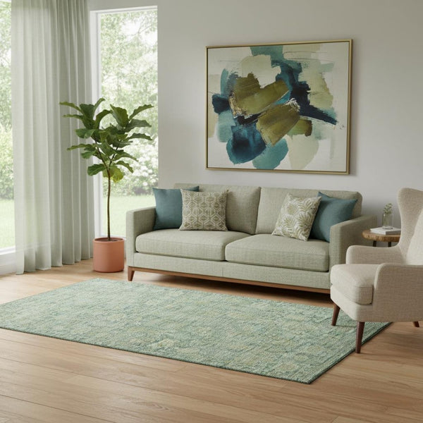 HomeRoots 5' Artichoke Green & Teal Oriental Area Rug - Washable, Stain-Resistant, UV Protected for Homes 700963