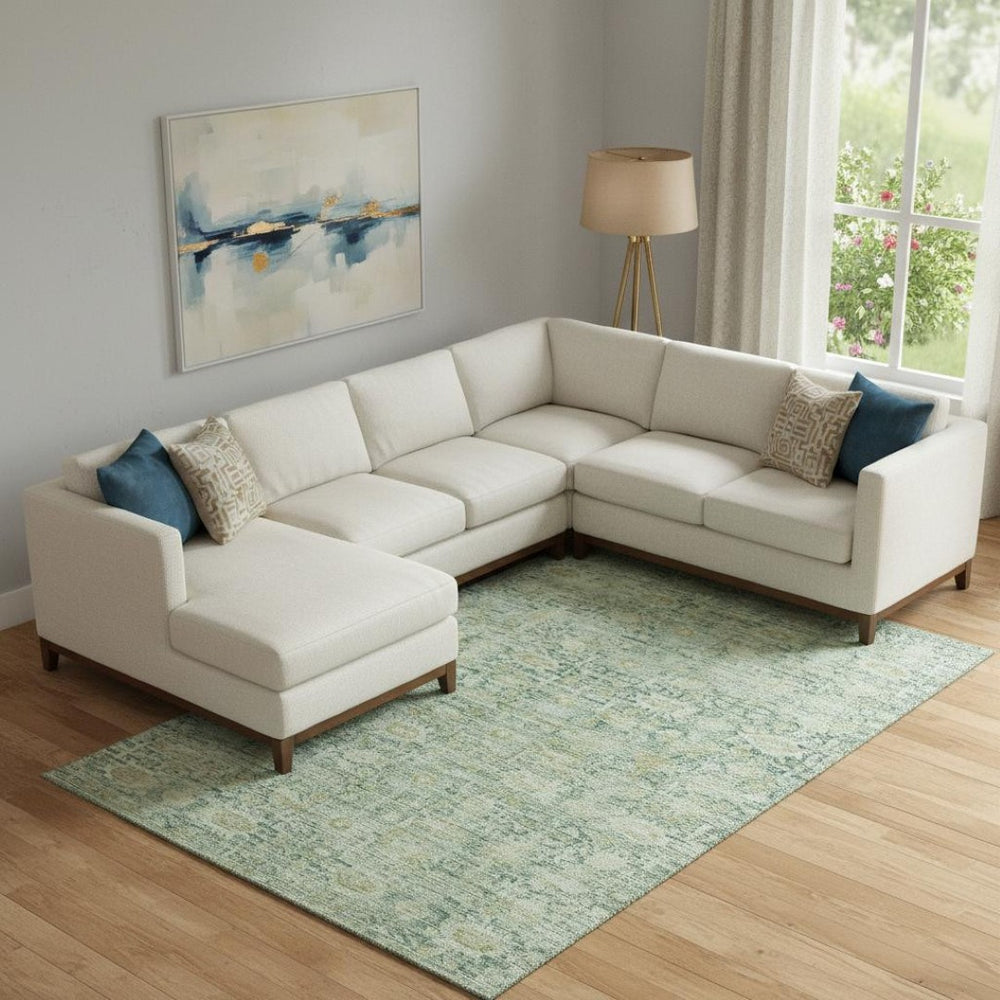 HomeRoots 9' X 12' Artichoke Green & Teal Oriental Area Rug - Washable, UV Protected, Stain Resistant Beauty! 700966