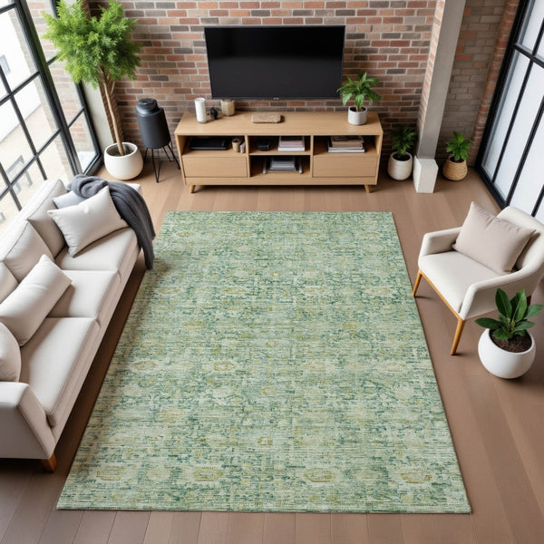 HomeRoots 10' Artichoke Green & Teal Oriental Washable Area Rug – UV Protected, Stain-Resistant, Stylish Durability 700967