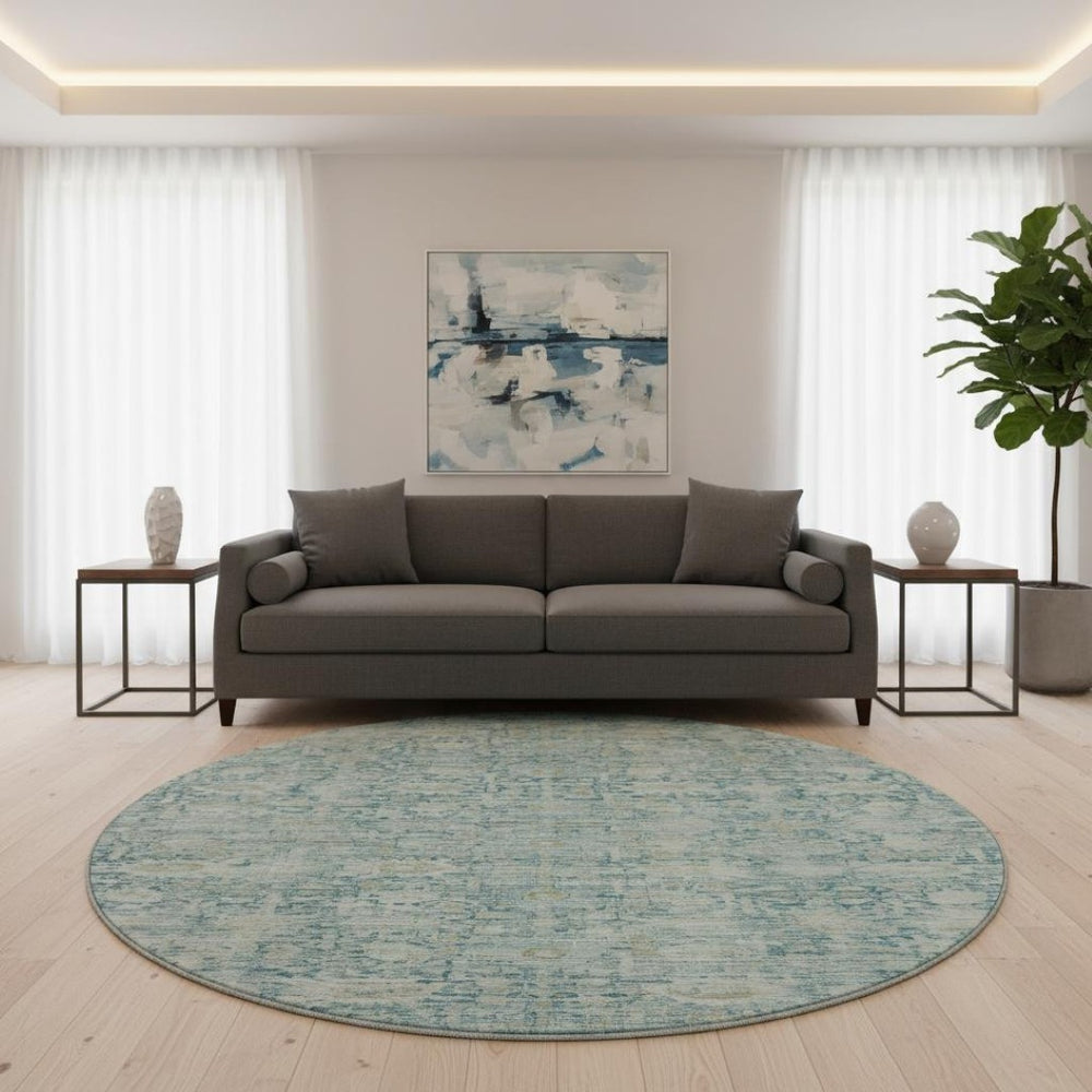 HomeRoots 8' Blue And Ivory Oriental Round Rug - Washable, UV-Protected, Durable Design for Everyday Living 700970
