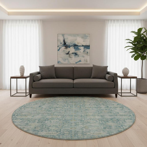 HomeRoots 8' Blue And Ivory Oriental Round Rug - Washable, UV-Protected, Durable Design for Everyday Living 700970