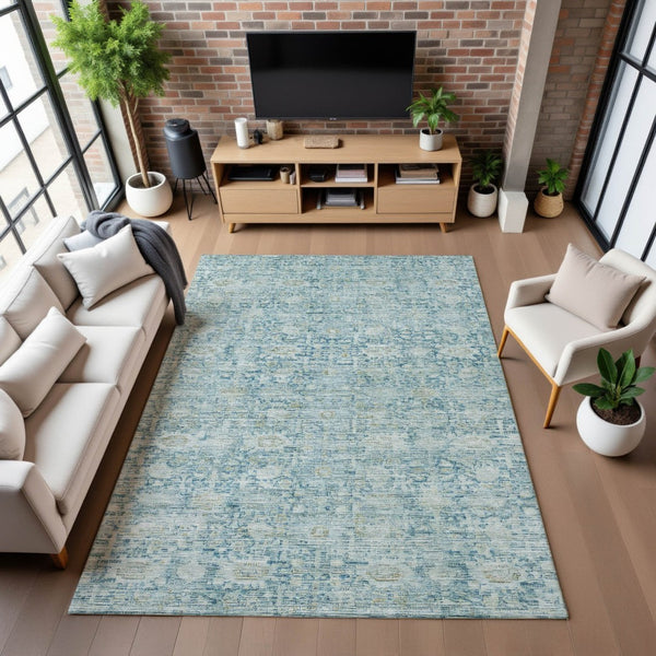 HomeRoots 8' X 10' Elegant Blue and Ivory Oriental Area Rug - Washable, UV-Protected, Perfect for Busy Homes! 700971