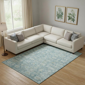 HomeRoots 10' Blue and Ivory Oriental Area Rug - Washable, UV Protected, and Stain Resistant for Busy Homes 700973