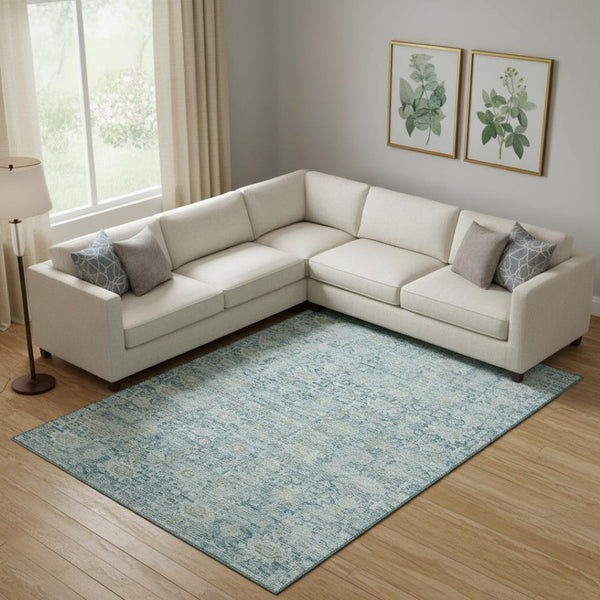 HomeRoots 10' Blue and Ivory Oriental Area Rug - Washable, UV Protected, and Stain Resistant for Busy Homes 700973
