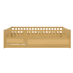 English Elm Full Full-Size Montessori Floor Bed with High Safety Fence, Clockwise Door, Pine Frame & Support Slats Natural Wood W1858P310086