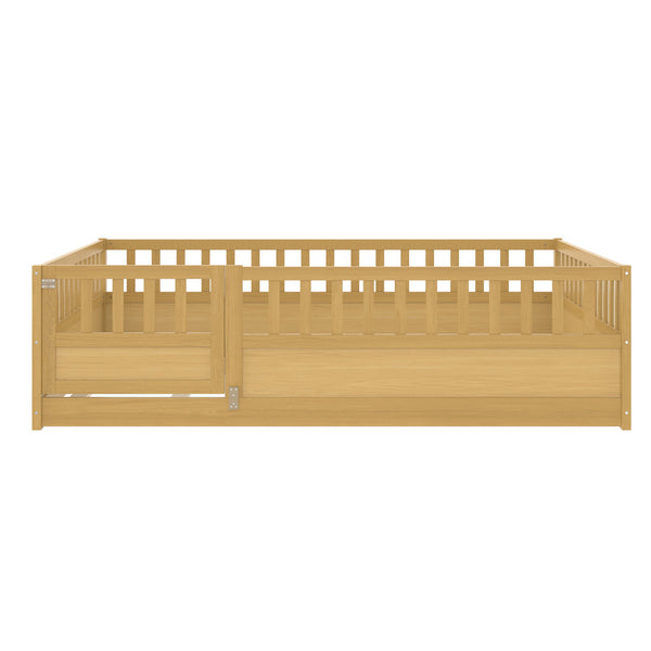 English Elm Full Full-Size Montessori Floor Bed with High Safety Fence, Clockwise Door, Pine Frame & Support Slats Natural Wood W1858P310086