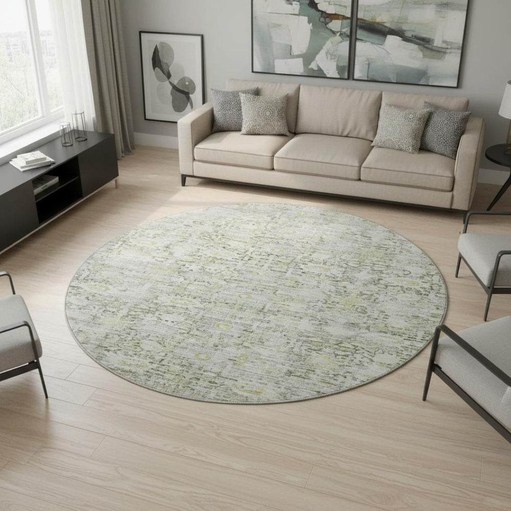 HomeRoots 8' Pewter and Gold Oriental Round Rug – Washable, UV-Protected, Durable & Ideal for Family Spaces 700982