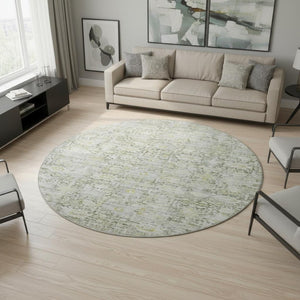 HomeRoots 8' Pewter and Gold Oriental Round Rug – Washable, UV-Protected, Durable & Ideal for Family Spaces 700982