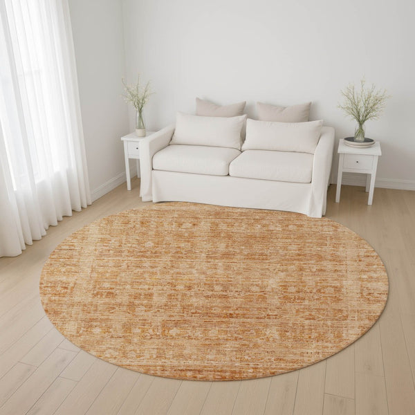 HomeRoots 8' Coral and Peach Oriental Round Rug - UV Protected, Stain-Resistant, Stylish & Easy Care Design 700988