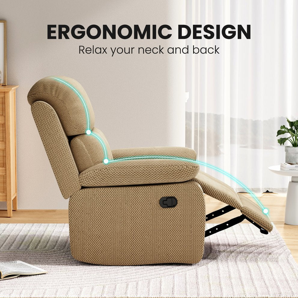 English Elm Small Recliner Chair with Padded Cushioning and Acacia Wood Frame, Easy Assembly, 330lb Capacity Camel T3623P408675
