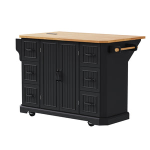English Elm K&K 56-Inch Kitchen Island Cart with Embossed Vertical Stripe, Drop Leaf, Charging Station, Storage Black N707P266184B