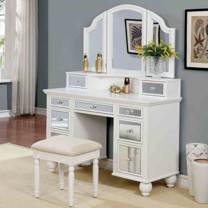 English Elm White Glam Vanity Set with Stool and Tri-Fold Mirror, Shimmer Inserts, Upholstered Stool, Drawers B2741P400818