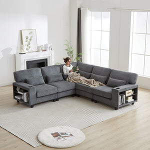 English Elm 102.75*102.75" L-Shaped Modular Sectional Sofa with Corduroy Upholstery, Storage Arm, Cup Holder, 5-Seat Convertible Lounge Grey W1926S00055