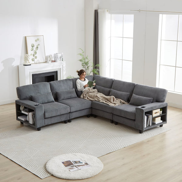 English Elm 102.75*102.75" L-Shaped Modular Sectional Sofa with Corduroy Upholstery, Storage Arm, Cup Holder, 5-Seat Convertible Lounge Grey W1926S00055