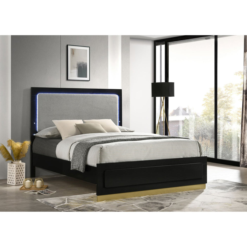 English Elm Sophia Modern Black Eastern King Panel Bed with Light Grey Upholstered LED Headboard & Gold Accents B062S01056