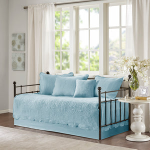 JLA Home Madison Park - 6 Piece Scalloped Daybed Cover Set with Embroidered Pillow, Antimicrobial Finish, Twin Fit Elegance Blue MP13-8386