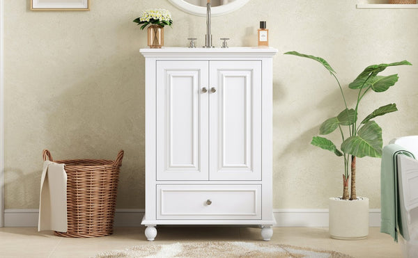 English Elm 24'' French Style Bathroom Vanity with Ceramic Sink Soft Close Cabinet and Drawer White N710P411227K