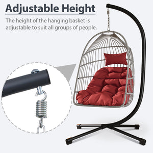 English Elm Foldable Hanging Egg Chair with Stand Pillow, HDPE Wicker, Rust‑Resistant Frame, Cushioned Headrest, 350lb Capacity Red W2500P369714