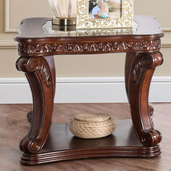 English Elm Dark Dark Oak Finish Traditional End Table with Ornate Carvings, 5mm Tempered Glass Top & Shelf B2741P357336
