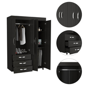 English Elm Hamilton Mobile Armoire with 4 Doors, 3 Drawers, Dual Hanging Rods and Multiple Shelves for Organized Storage and Durable Engineered Wood Finish Black 70.47 L x 23.23 W x 4.33 H B097S00229