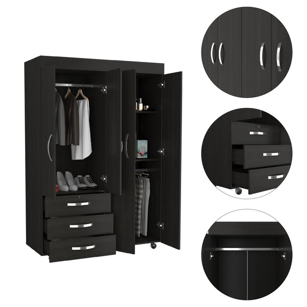 English Elm Hamilton Mobile Armoire with 4 Doors, 3 Drawers, Dual Hanging Rods and Multiple Shelves for Organized Storage and Durable Engineered Wood Finish Black 70.47 L x 23.23 W x 4.33 H B097S00229