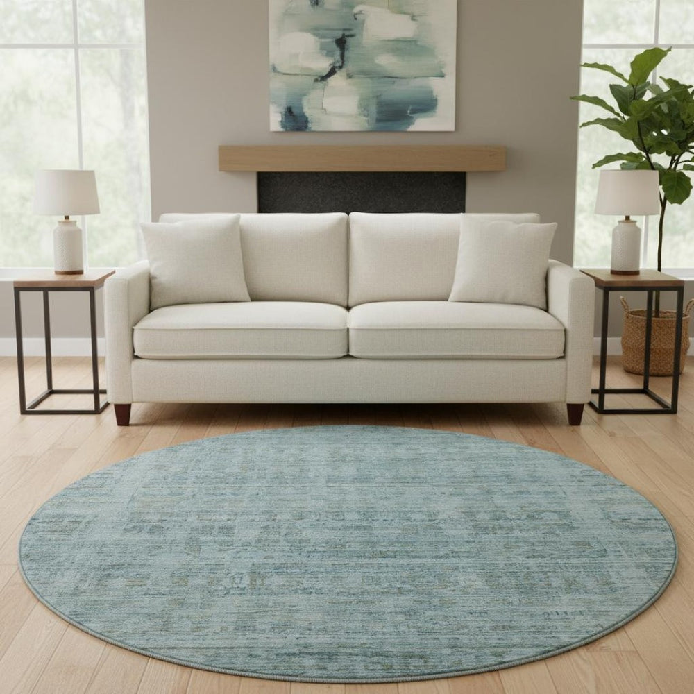 HomeRoots 8' Sky Blue & Denim Oriental Round Rug - Washable, UV Protected, Non-Slip, Perfect for Families! 701000