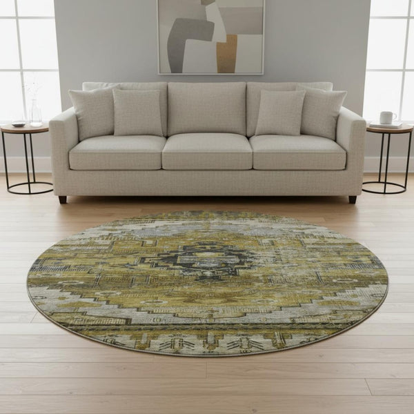 HomeRoots 8' Brown Ivory and Gray Oriental Round Rug – Durable, Washable, UV-Protected for High-Traffic Spaces 701024