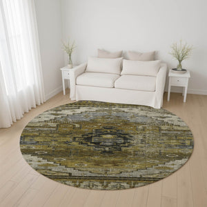 HomeRoots 8' Brown Ivory and Gray Oriental Round Rug – Durable, Washable, UV-Protected for High-Traffic Spaces 701024